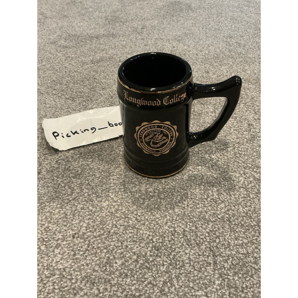 Vintage Longwood College Ceramic Tankard Stein Mug Black w/‎ gold trim